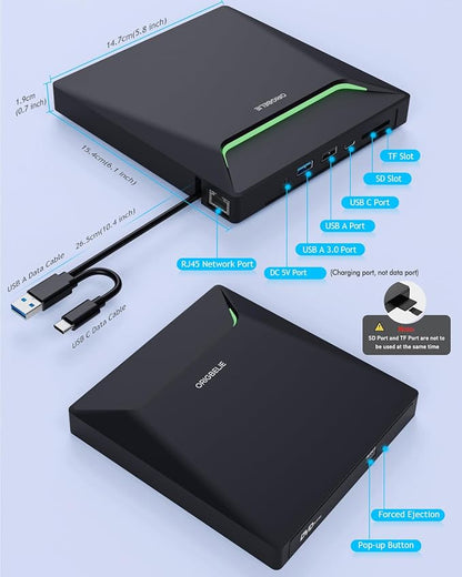 New External CD DVD Drive Cool DVD Burner with Ethernet Adapter USB 3.0 Hub | 3 USB Ports and 2 TF/SD Card Slots, CD DVD Player Reader Writer Optical Disc Drive for Laptop MacBook PC Windows Linux Mac OS