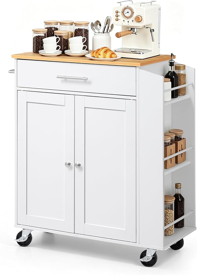 VEVOR Kitchen Island Cart with Storage, 31.3 in Wide Mobile Rolling Storage Island on Swivel Wheels, with Drawer, Storage Cabinet, Spice/Towel Rack, Table for Home Dining Room, White