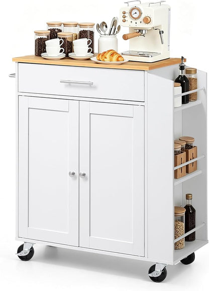 VEVOR Kitchen Island Cart with Storage, 31.3 in Wide Mobile Rolling Storage Island on Swivel Wheels, with Drawer, Storage Cabinet, Spice/Towel Rack, Table for Home Dining Room, White