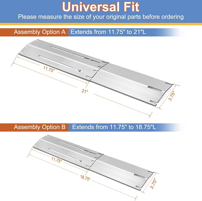 Universal Adjustable Heat Plate, Extend from 11.75" up to 21", 3 Pack | Heat Tents Heat Shields for Gas Grill, Burner Cover Replacement Parts, Stainless Steel BBQ Flame Tamers Derurizy