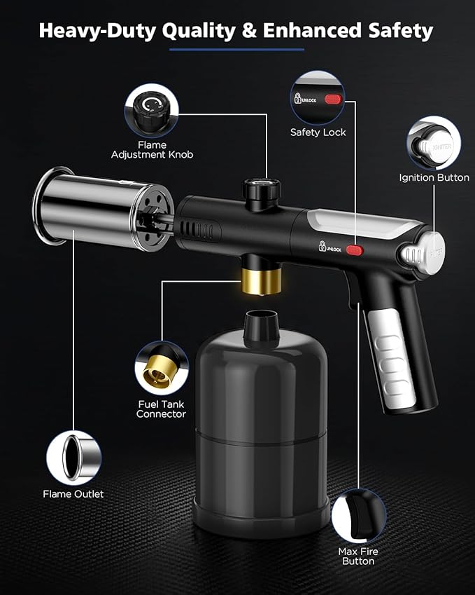 Propane Torch Gun & Weed Burner Torch - Adjustable Flame Thrower Gun with Safety Lock & One-Touch Max Fire, Cooking Blow Torch for Searing, Charcoal Starter, BBQ & Weeding (Tank Not Included)