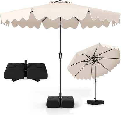 Tangkula 9 FT Patio Umbrella with Base Included, 2-Tiers Outdoor Scalloped Table Umbrella with 2 Sandbags, Tilt Adjustment, Crank, 8 Ribs for Market Backyard Pool Deck Beach Lawn
