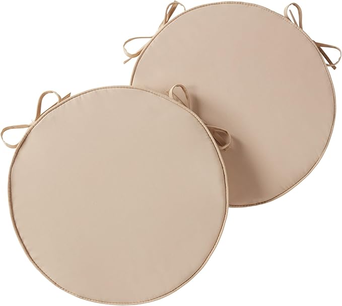 Set of 2 Outdoor 18 inch Round Patio Dining Chair Pads – Comfortable Fiber-Filled Seat Cushions with Ties, Reversible Polyester Fabric - Stone