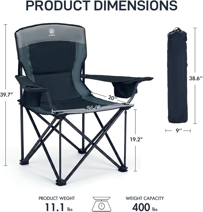EVER ADVANCED Folding Camping Chair with Cup Holder, Oversized Padded Heavy Duty Lawn Chair, Sturdy Build Supports 400lbs for Adults, Outdoor Fishing & Sports, Black