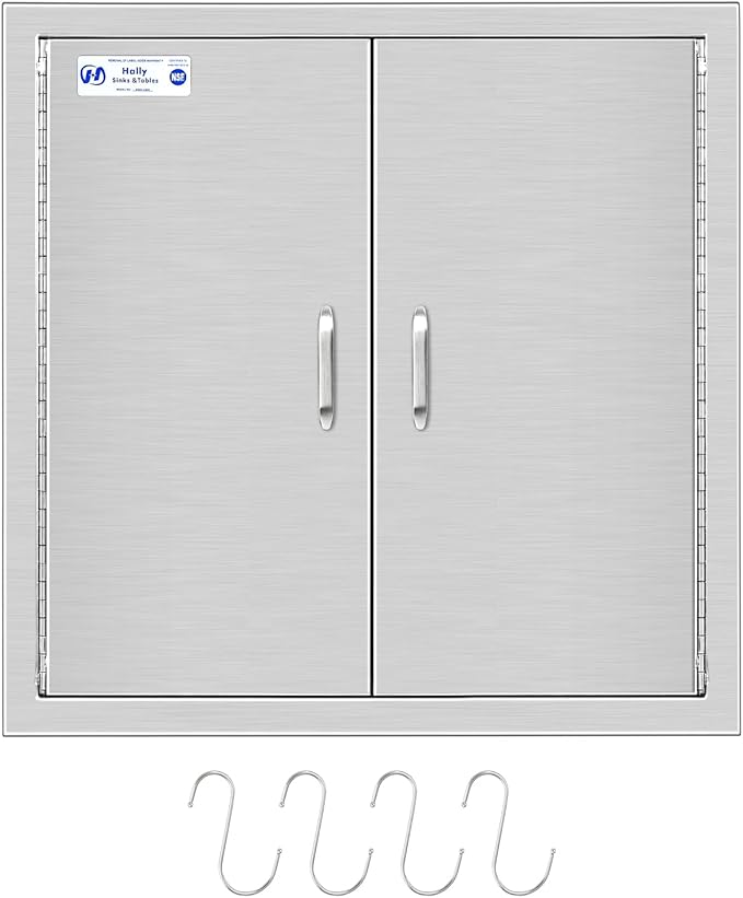 Hally BBQ Access Door 24" W x 24" H of 304 Stainless Steel Double Doors with 2 Detachable Handles and 4 Hooks, Outdoor Kitchen Doors for BBQ Island, Grilling Station, Outdoor Cabinet