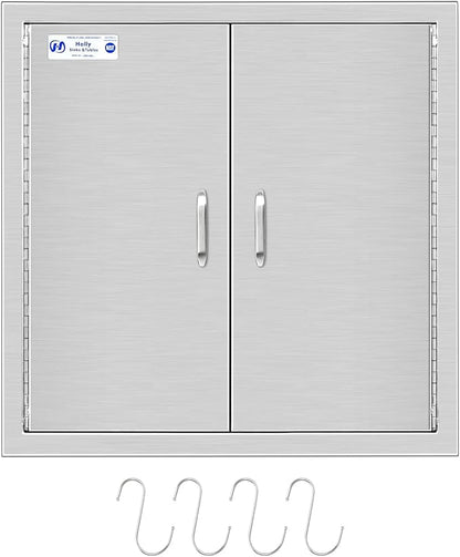 Hally BBQ Access Door 24" W x 24" H of 304 Stainless Steel Double Doors with 2 Detachable Handles and 4 Hooks, Outdoor Kitchen Doors for BBQ Island, Grilling Station, Outdoor Cabinet