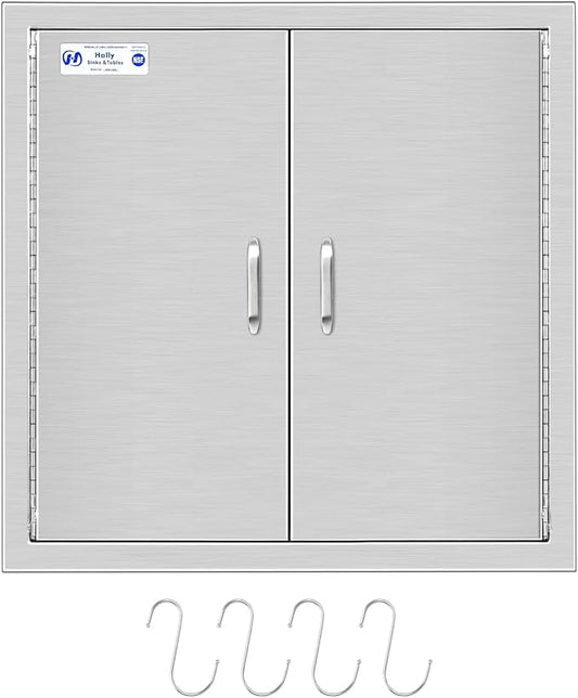Hally BBQ Access Door 24" W x 24" H of 304 Stainless Steel Double Doors with 2 Detachable Handles and 4 Hooks, Outdoor Kitchen Doors for BBQ Island, Grilling Station, Outdoor Cabinet