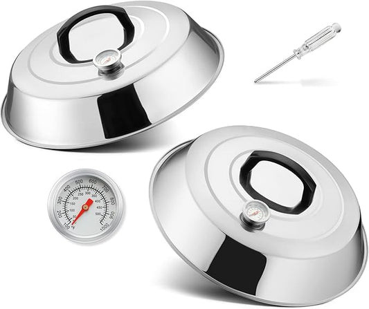 12 Inch Cheese Melting Dome Set of 2, Joyfair Basting Cover for Griddle Grilling Outdoor Camping/Flat Top Teppanyaki, Stainless Steel Lids with Heat-Proof Handle, Dishwasher Safe (with Thermometer)