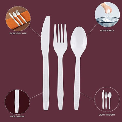 PARTY BARGAINS Argyle White Plastic Cutlery Set 720 -Piece – 360 Forks, 240 Spoons, 120 Knives – Heavy-Duty Disposable Utensils for Parties, Weddings, Buffets, BBQs & Catering – BPA Free