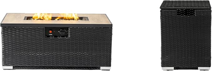 32in Gas Fire Pit Table Set, 50,000 BTU Propane Fire Pit Table Outdoor with Rain Cover, Hideaway Tank Holder Fits 20lb Tank, Gas Fire Pit for Outside w/Ceramic Tabletop and lid, Glass Rocks.