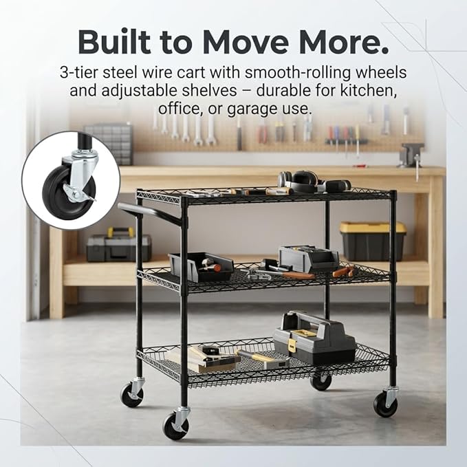Finnhomy 3 Tier Heavy Duty Commercial Grade Utility Cart, Wire Rolling Cart with Handle Bar, Steel Service Cart with Wheels, Kitchen Carts on Wheels, Metal Cart Shelf Size 24" D x 36" W, NSF, Black
