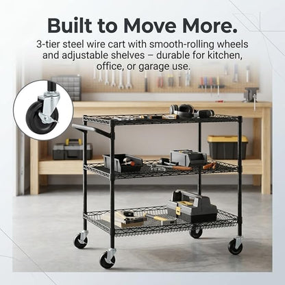 Finnhomy 3 Tier Heavy Duty Commercial Grade Utility Cart, Wire Rolling Cart with Handle Bar, Steel Service Cart with Wheels, Kitchen Carts on Wheels, Metal Cart Shelf Size 24" D x 36" W, NSF, Black