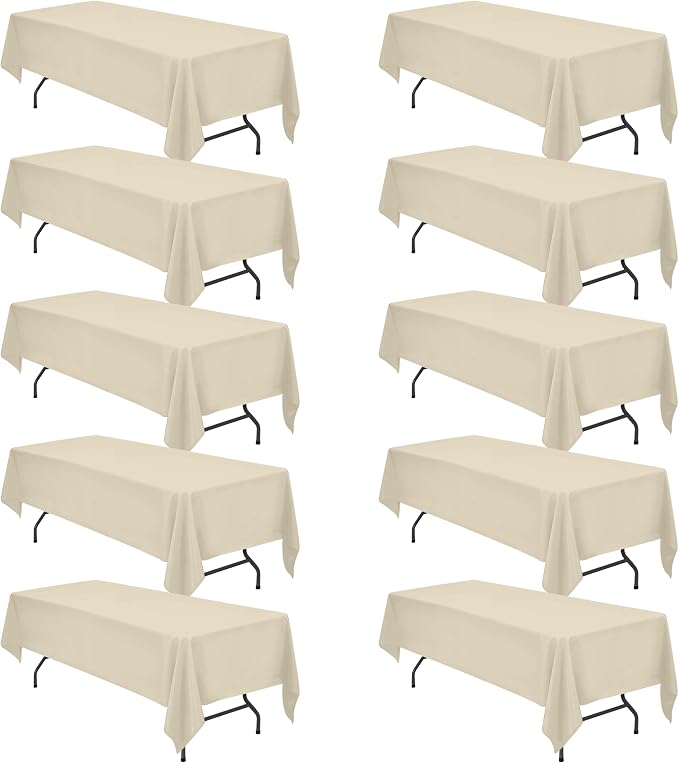 BRILLMAX 10 Pack Beige Tablecloths 60x126 Inch for 8ft Rectangle Tables | 150 GSM Polyester Fabric, 15" Standard Drop, Water, Stain & Wrinkle Resistant Cloth Cover for Wedding Reception Banquet Party