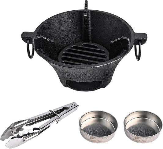 Cast Iron Charcoal Stove Korean BBQ Grill Japanese Style Cooktop Portable Outdoor Cooking Equipment with Clip and Cup Set(16cm)
