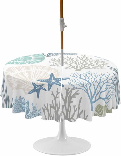 Coastal Outdoor Tablecloth - 60 Inch Round Dining Table Cover, Blue Teal Coral Summer Beach Ocean Starfish Waterproof Outdoor Table Cloth with Umbrella Hole & Zipper for Picnic/Patio/Party