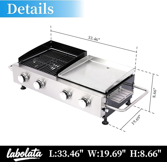 Portable 4-Burner Gas Grill Griddle Combo, Propane BBQ Grill with Cast Iron Grates & Stainless Steel Griddle, Side Shelf & Utility Tray, Grease Management Tray for Outdoor Camping and Patio Cooking