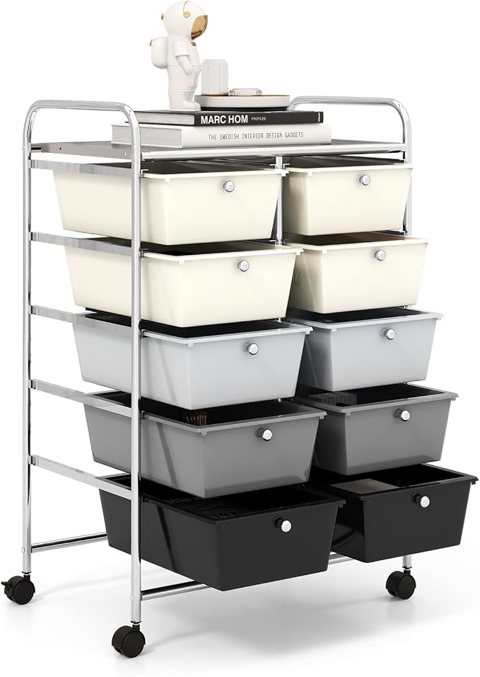 HOMGX Rolling Cart with 10 Drawers, 10 Tiers Multicolor Trolley, Drawer Bin Carts with 2 Lockable Wheels, Adjustable File & Debris Organizer Cart, Rolling Storage Cart for Office, School, Home