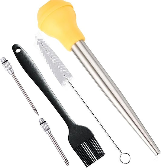 Turkey Baster Set 5, 18/8 Stainless Steel Turkey Baster Syringe for Cooking Meat Injector Baster Set&2 Needles&2 Cleaning Basting Brush, Baster for Flavor Meat Poultry, Beef&Chicken Ect Yellow