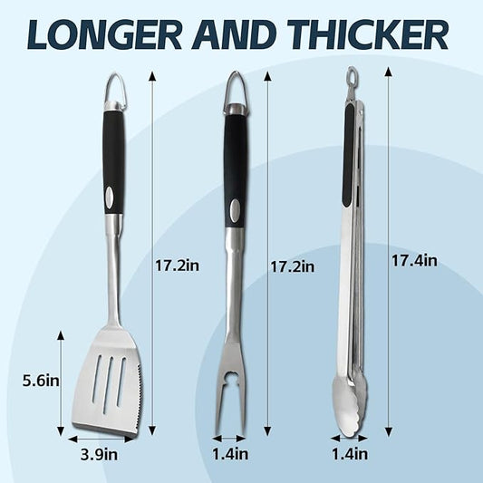 Heavy Duty Grilling Accessories Grill Tool Set 3-Piece Stainless Steel BBQ Utensils with Heat-Resistant Silicone Handle, Spatula, Tongs, Fork & Brush for Outdoor Cooking