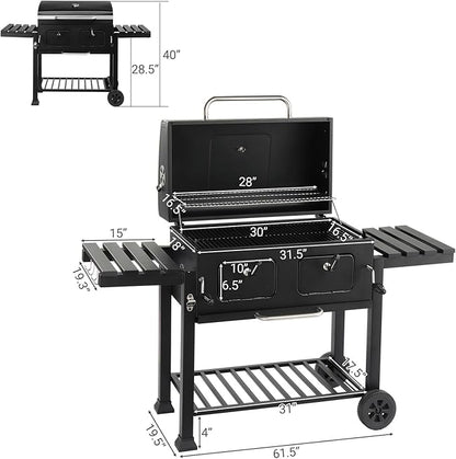 Charcoal Grill, Heavy Duty Cooking Grill with 2 Foldable Side Tables, 8 Hooks, Storage Shelf, 2 Wheels, Flame Control, Outdoor BBQ Grill for Picnic Party Camping Backyard Patio Fit 30 Burgers at Once