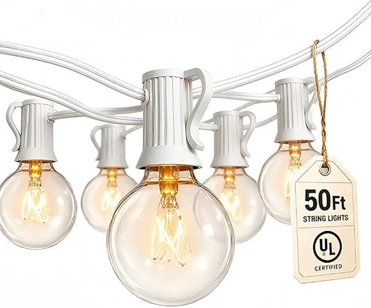 Abeja 50Ft Outdoor Patio String Lights with 53 Clear Globe G40 Bulbs,UL Listed for Patio Porch Backyard Deck Bistro Gazebos Pergolas Balcony Wedding Gathering Parties Decor, White