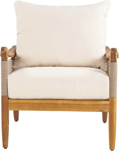Christopher Knight Home Havets Patio Acacia Wood Club Chair with Woven Rope, Comfortable Outdoor Armchair, Water-Repellent Thick Cushion Deep Seating for Porch, Garden, Backyard, Balcony, Teak+Beige