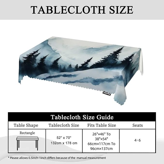 Swono Foggy Mountain 52"X70" Oblong Table Cloth Misty Forest Tree Hills Landscape Wrinkle Free Table Cover Farmhouse Tablecloth for Home Restaurant Picnic Indoor Outdoor Dining, Blue