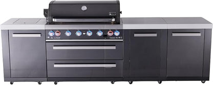 Mont Alpi Premium 119"W x 23"D x 46"H Black Stainless Steel Outdoor Kitchen Island with Side Burner + 44"W 6-Burner BBQ Grill + White Granite Countertops + Storage + Drawers + Rotisserie Kit + Cover