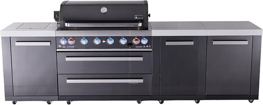 Mont Alpi Premium 119"W x 23"D x 46"H Black Stainless Steel Outdoor Kitchen Island with Side Burner + 44"W 6-Burner BBQ Grill + White Granite Countertops + Storage + Drawers + Rotisserie Kit + Cover