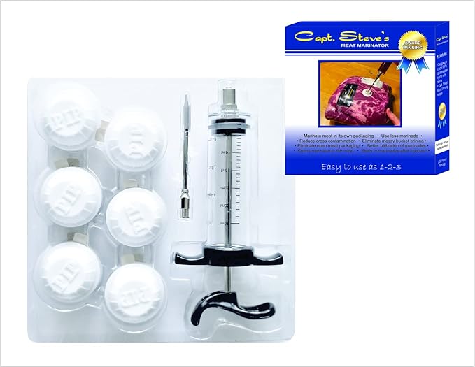 Capt Steve’s Meat Marinator Kit by Dr. Organizer – Stainless Steel Injector with Needle, 12 Single-Use Injector PIPs & 4 Recipes – Marinate Meat in Packaging, Vacuum-Sealed Friendly, US Patent Pending