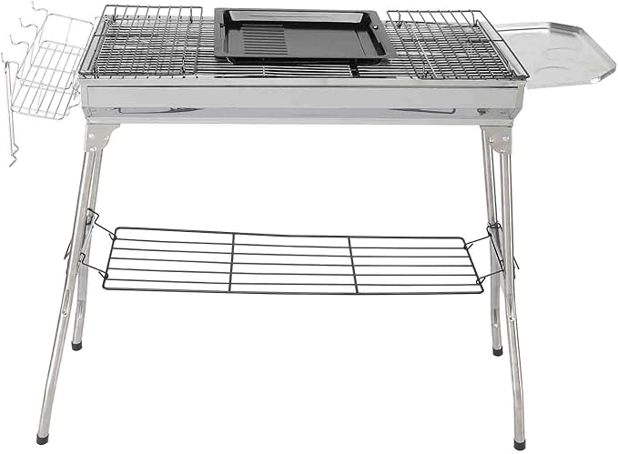 Portable Charcoal Grills, 39.3" x 12.2" Stainless Steel Folded Camping Grill Kabob Kebab BBQ Barbecue Grill Kit for Garden Backyard Party Picnic Travel Home Outdoor Cooking Use, Easy Assembly, Silver