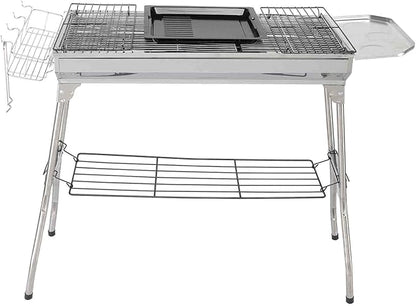 Portable Charcoal Grills, 39.3" x 12.2" Stainless Steel Folded Camping Grill Kabob Kebab BBQ Barbecue Grill Kit for Garden Backyard Party Picnic Travel Home Outdoor Cooking Use, Easy Assembly, Silver
