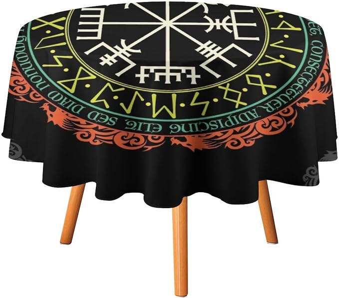 Vintage Viking Pattern Round Tablecloth, Viking Ancient Runic Helmet of Awe Seasonal Table Cloth Waterproof Wipeable Table Cover for Picnic Holiday Party Kitchen Dining 36"