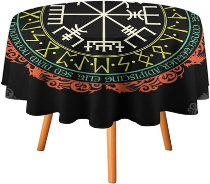 Vintage Viking Pattern Round Tablecloth, Viking Ancient Runic Helmet of Awe Seasonal Table Cloth Waterproof Wipeable Table Cover for Picnic Holiday Party Kitchen Dining 36"