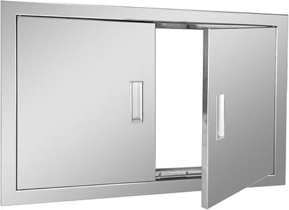 Outdoor Kitchen Door 28" W x 19" H Stainless Steel BBQ Double Access Door Flush Mount Vertical Wall Doors with Handle Suitable for Grilling Station Outside Cabinet Outdoor Kitchen