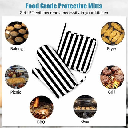 Mxocom Vertical Black Strip Oven Mitts and Pot Holders Sets Black White Silicone Heat Resistant Kitchen Oven Gloves Pot Holder for Cooking
