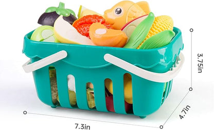 240Pcs Kids Mini Play Kitchen Accessories, Play Pans, Pots, Cookware with Desserts, Cuttable Veggies & BBQ Set & Storage Basket, Prop Money, Learning Gift for Child，Toddlers, Child, Green