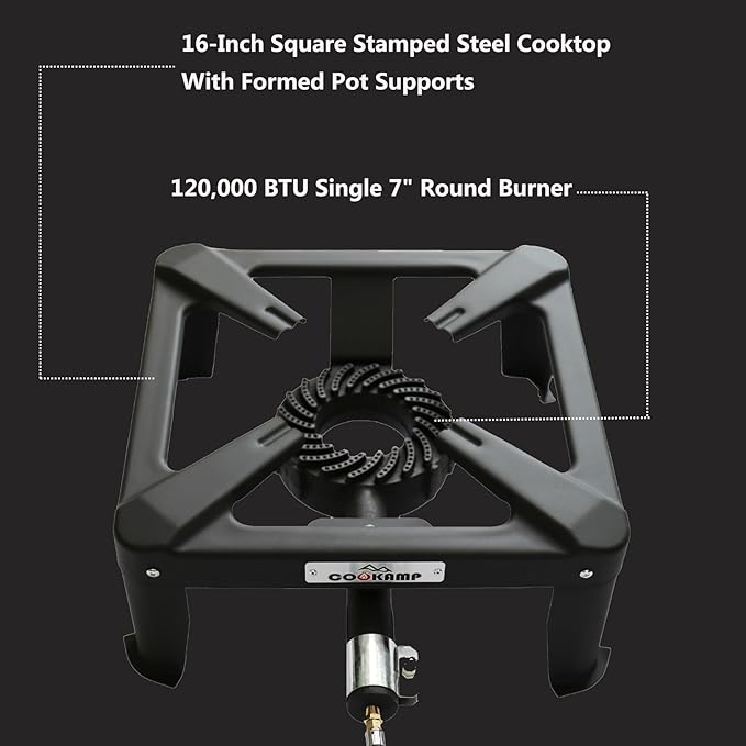 COOKAMP Propane Burner Portable 16“ Square Steel Cooktop Propane Camping Stove for Outdoor Wok Cooking, Seafood Boil & Tailgating.SA1730(Single Burner-Standard)