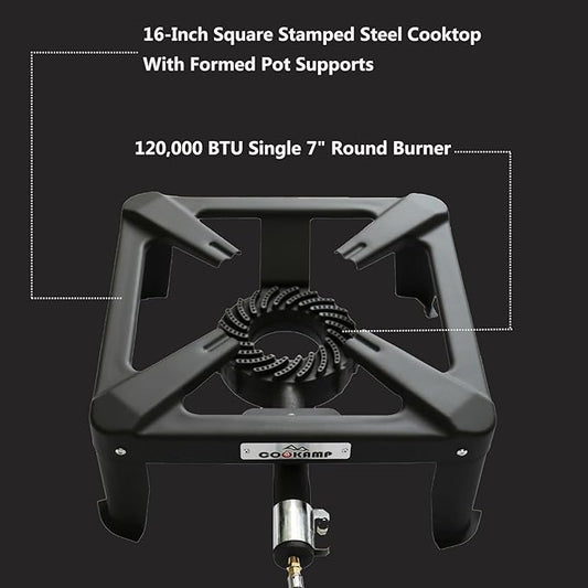 COOKAMP Propane Burner Portable 16“ Square Steel Cooktop Propane Camping Stove for Outdoor Wok Cooking, Seafood Boil & Tailgating.SA1730(Single Burner-Standard)