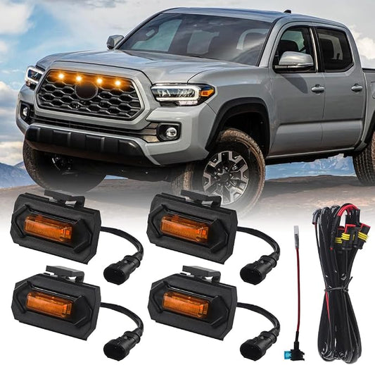 4PCS Amber Grill Light Fit for Tacoma TRD Off Road & Sport OEM 2020-2023 | with Fuse Adaptor, with 4-in-1 Wire Harness, LED Grille Light Bar Compatible with Toyota Tacoma TRD Off Road & Sport OEM