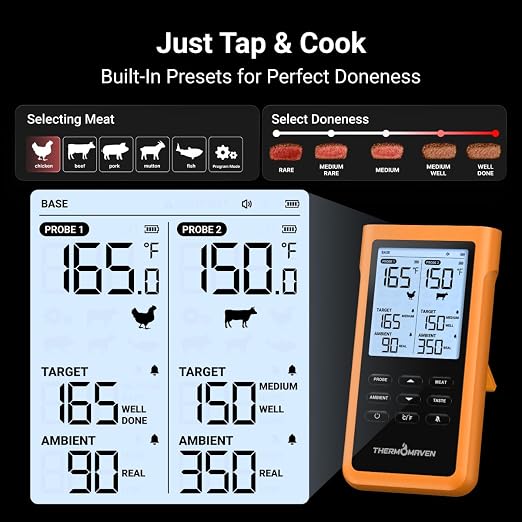 ThermoMaven Sub-1G Wireless Meat Thermometer, No App Needed, 2 Probes | 3000FT Long Range, Digital Smart Base, 6 Sensor NIST Accuracy, IPX8, BBQ Smoker Grill Oven Brisket Steak Turkey Pork Roast
