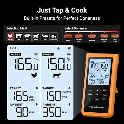 ThermoMaven Sub-1G Wireless Meat Thermometer, No App Needed, 2 Probes | 3000FT Long Range, Digital Smart Base, 6 Sensor NIST Accuracy, IPX8, BBQ Smoker Grill Oven Brisket Steak Turkey Pork Roast