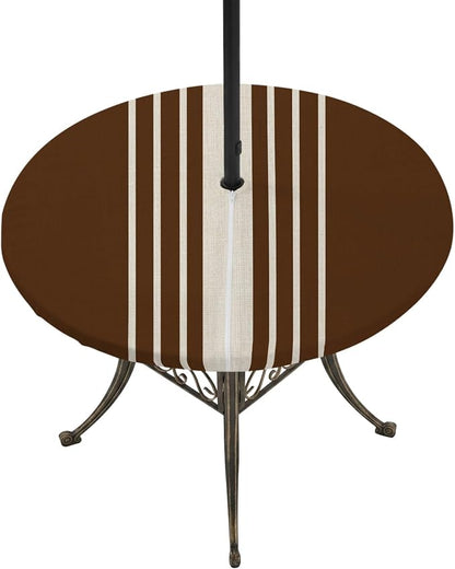 Outdoor Fitted Tablecloth with Umbrella Hole and Zipper, Brown Beige Striped Elastic Round Patio Table Cover, Farmhouse Retro Lines Modern Windproof Table Protector for Backyard BBQ Party 36''-44''