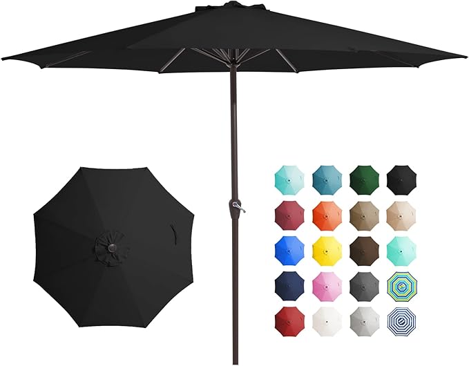 JEAREY 12' Patio Umbrellas Outdoor Table Market Umbrella w/Crank, 8 Sturdy Ribs, UV Protection Windproof for Garden, Deck, Backyard, Pool(Black)