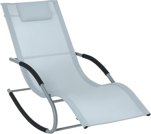 Outsunny Zero Gravity Rocking Chair Outdoor Chaise Lounge Chair Recliner Rocker with Detachable Pillow and Weather-Fighting Fabric for Patio, Deck, Pool, Gray