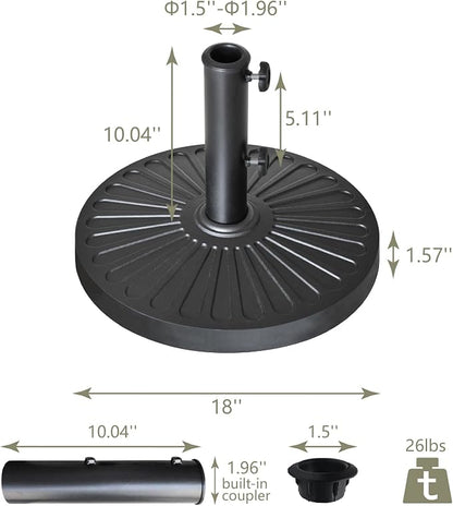EliteShade USA 18" Patio Umbrella Base Stand, 30LBS Heavy Duty Cast Resin Outdoor Umbrella Stand Holder With 2 Adjustable Knobs for Garden Table, Rust-Free Large Umbrella Base for Backyard, Deck, Lawn, Poolside Fits 1.5"-1.9" Poles, Black