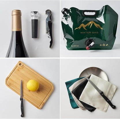 Picnic Backpack Set with Fold Table, Water Bag, Cooler Ice Box & Stainless Steel Utensils - Portable Outdoor Camping Gear for Family Picnics & Hiking (Black, A-4 Person)