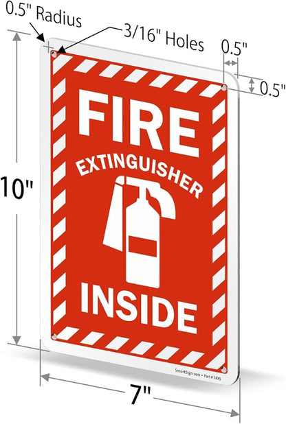 SmartSign 10 x 7 inch “Fire Extinguisher Inside” Metal Sign with Pre-cleared Holes, 40 mil Laminated Rustproof Aluminum, Red and white, Made in USA