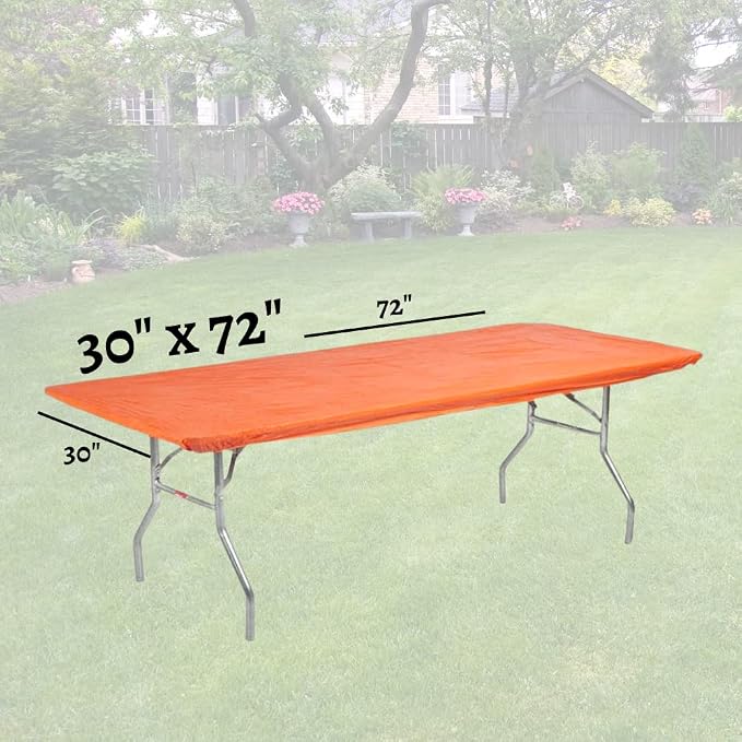 10 Pack of Rectangular Plastic Table Covers - 6' Foot or 8' Foot Options - Indoor or Outdoor Fitted Table Covers (Table NOT Included) (Orange, 30" x 72" (6' ft))