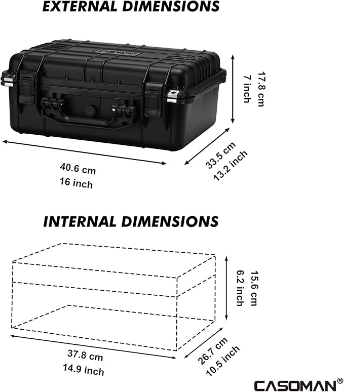 CASOMAN Water-proof Box, with Cush- Proof Sponge, IP67 Water Proof Grade, Large Waterproof Hard Case with Customizable Foam, Perfectly Protection of Camera, Drones, Lens,Equipments, 16"x13.2"x7"